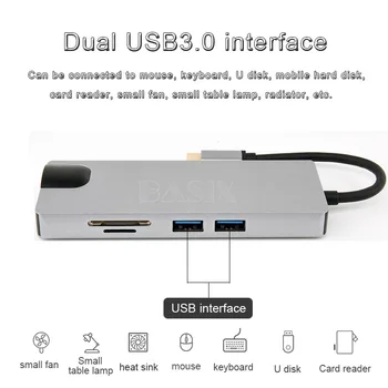 Basix USB-C Hub Strele 3 Tip C Dock USB3.0 Vrata HDMI je združljiv 1080P VGA priključek RJ45 Gigabit Ethernet Za Macbook pro Huawei P20