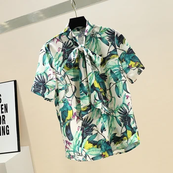 Cvjetnim Tiskanja Bluzo Ženske Majice 2020 Poletje Retro Trak Lok Print Majica Kratek Rokav Vintage Korejski, Japonski, Womens Vrhovi