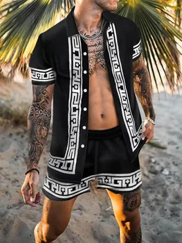 Hawaiian Mens Tiskanje Trak Ujemajoče Niz Kratek Rokav Gumb Športna Majica +Hlače Plaži SuitsTwo Kos Obleko Modne Moške Določa