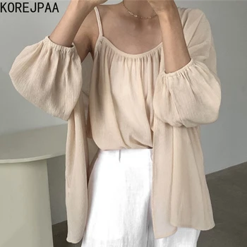 Korejpaa Ženske Določa 2021 Poletje Korejski Elegantna Dame Nežen Svoboden Dno Camisole Temperament Zaščito Pred Soncem Šifon Šal Coats