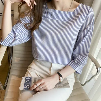 Korejski Moda Bluze Puff Rokavi Ženske Vrhovi Prugasta Poševnica Vratu Bluze za Ženske 2021 Poletje Ženski Šifon Kratka Ženska Majica