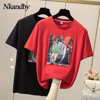 Nkandby Plus Velikost Bombaž Majica s kratkimi rokavi Ženske Poletje Moda Ustvarjalne Estetike Tshirt 3D Tiskanja Verige Kratek Rokav Ohlapno Fit Dnevni Vrh