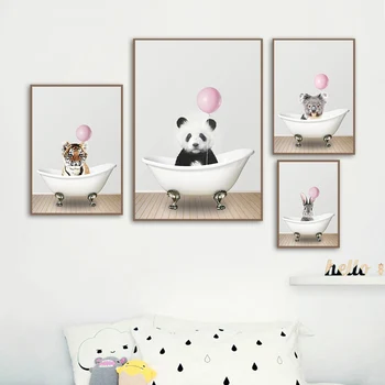 Panda Lev Pink balon Kad Vrtec Wall Art Platno Slikarstvo Nordijska Plakatov Tiskanje Stenski Dekor Slike Otroke, Otroška Soba Dekor