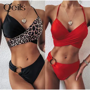 Qeils Leopard Bikini Komplet Visoko Pasu Kopalke Ženske Push Up Kopalke Ženske Križ Povoj Kopalne Obleke Niz Povodcem Plažo
