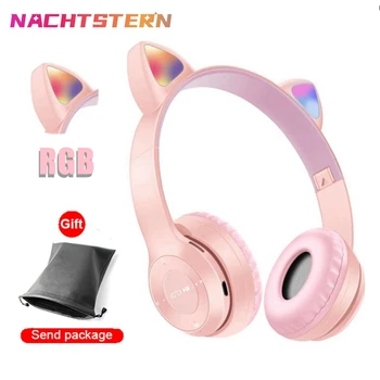 RGB Cute Cat Ears Bluetooth 5.0 Wireless Headphone With Microphone Noise Cancelling Kid Girl Stereo Music casco Storage bag Gift