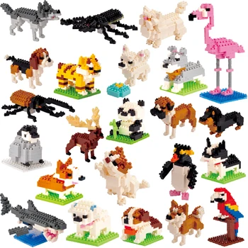 Risanka Živali Slon, Tiger Mačka Pes Panda Husky Pudelj Žirafa Model Mini Micro Stavbe, Bloki, Opeke, Igrače za otroke darilo