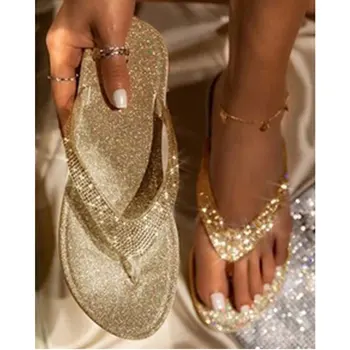Ženske Sandali 2021 Nove Ženske Nosorogovo Bleščice Ravno Copate Zdrsne Na Sandali Plaži Poletje Flip Flops Sandalias Zapatos Mujer
